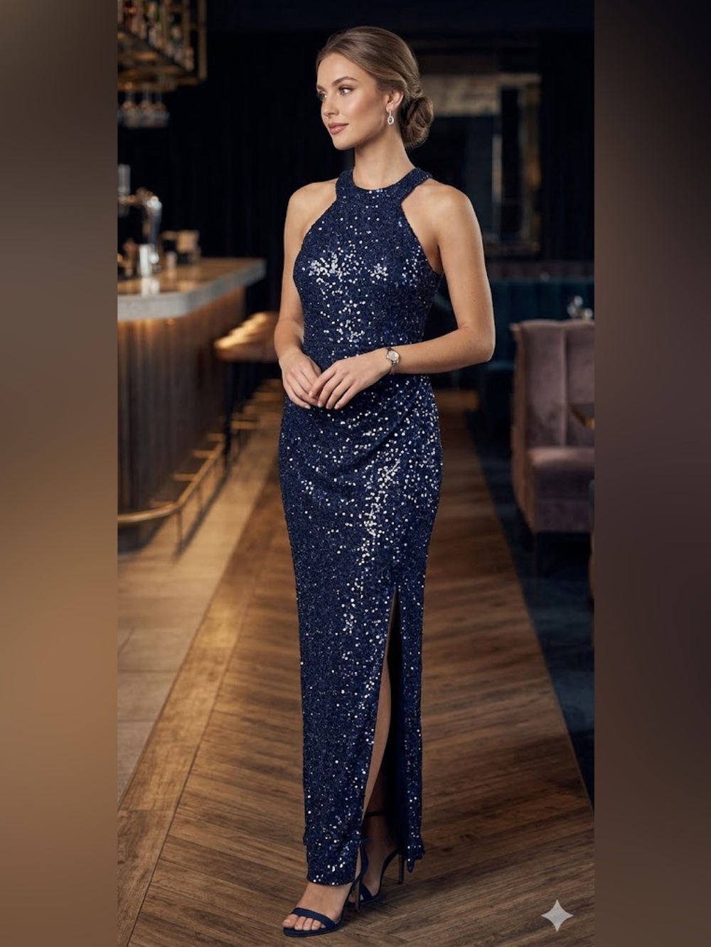 Jessica McClintock Navy Sequin Halter Maxi Dress with Side Slit